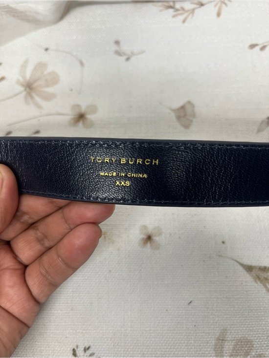 Tory Burch Navy Embossed Leather Double-Wrap Belt with Gold Logo